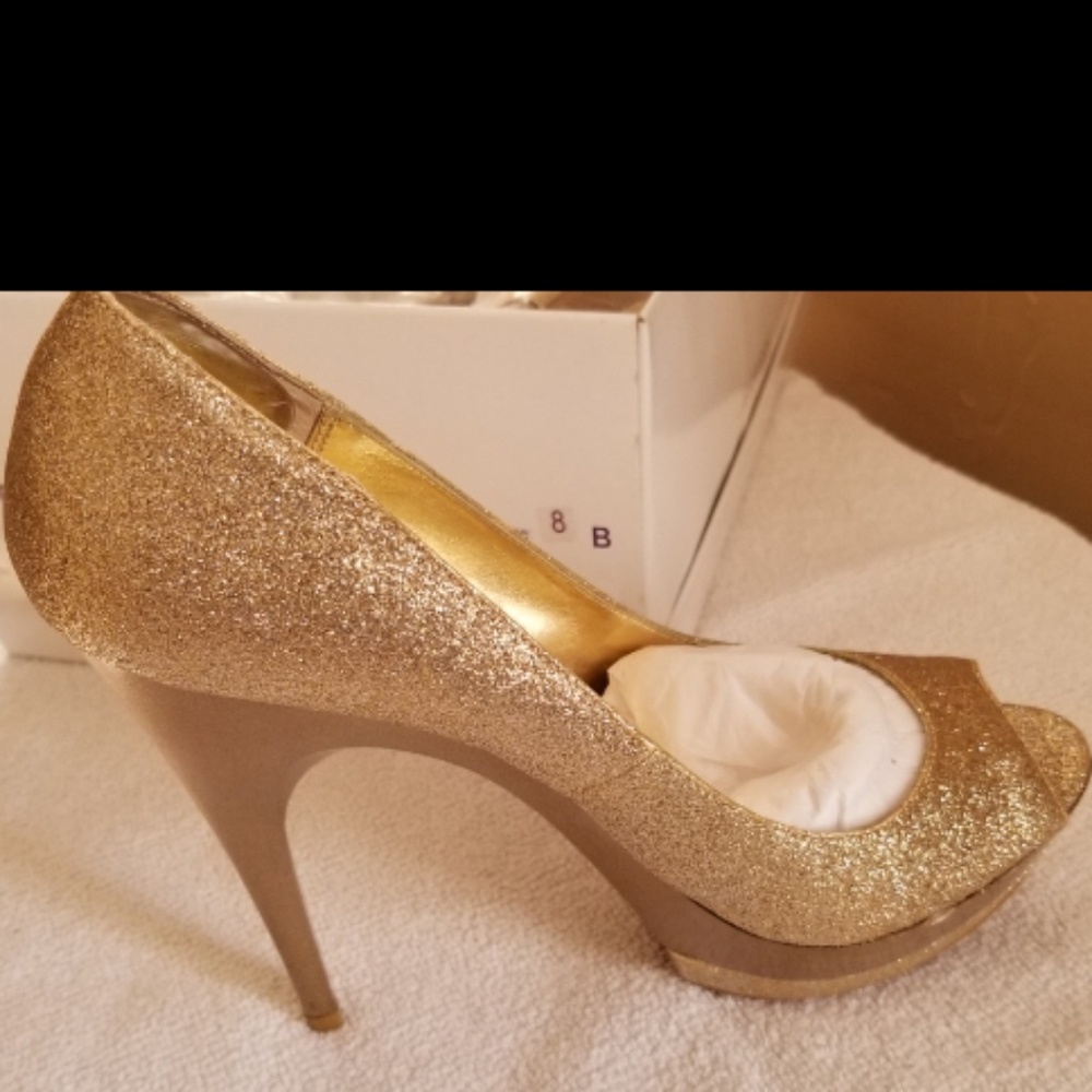 Gold Glitter Peep Toe Heels Size 8